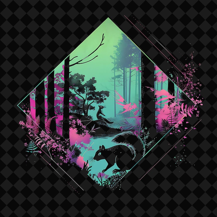 PSD open fantasy nights paisajes encantados con bosque de neón y2k arte e ilustración diseños de animales
