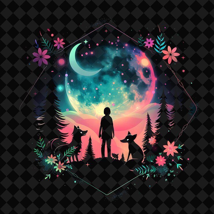 PSD open fantasy nights paisajes encantados con bosque de neón y2k arte e ilustración diseños de animales