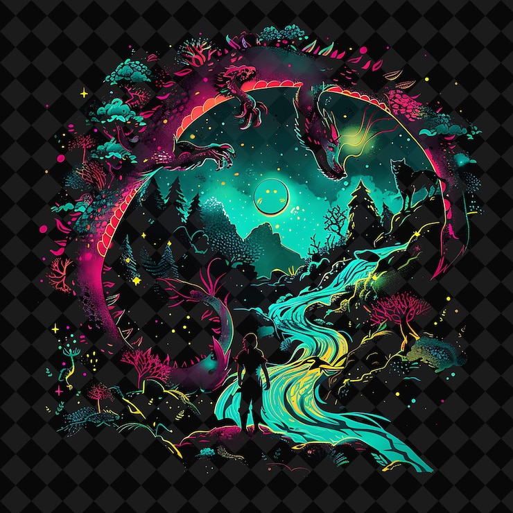 PSD open fantasy nights paysages enchantés avec forêt de néon y2k art et illustration designes d'animaux