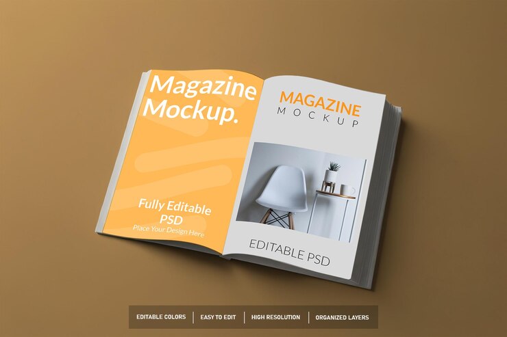 Open Premium Magazine Mockup PSD con capas inteligentes para una fácil personalización