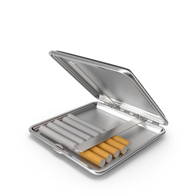 Open silver cigarette case with cigarettes inside
