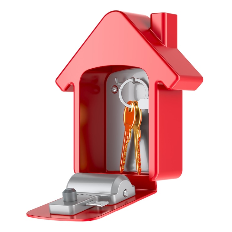 PSD opened security lock box with digit code and keys inside for storage and transfer of keys house shaped 3d rendering isolated on transparent background