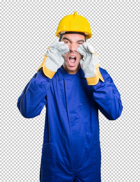 Operaio che grida su sfondo bianco