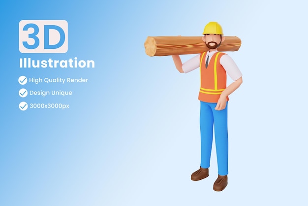 Operaio edile che trasportano il tubo di legno Illustrazione 3D