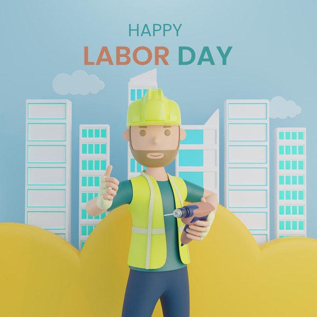 Operaio edile di festa del lavoro e trapano 3d rendering