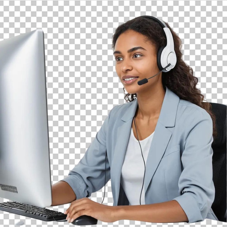 PSD un opérateur indépendant souriant travaillant en ligne