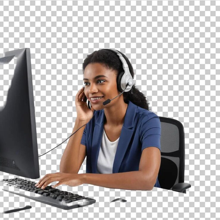 PSD un opérateur indépendant souriant travaillant en ligne