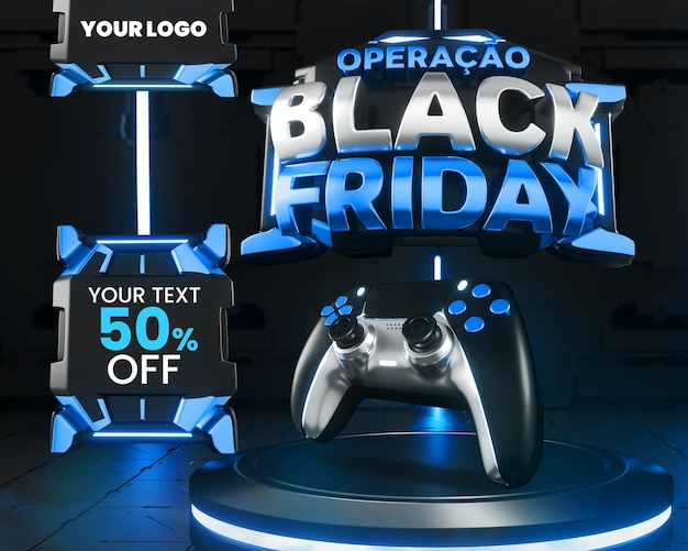 PSD operation banner black friday avec podium 3d neon dans un contexte futuriste pour la vente et le commerce