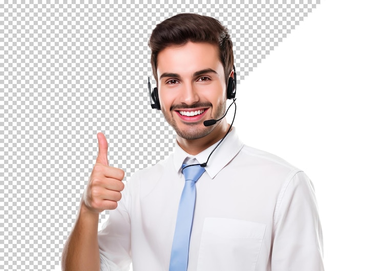 PSD operatore di telemarketing felice che guarda l'obbiettivo isolato su sfondo bianco