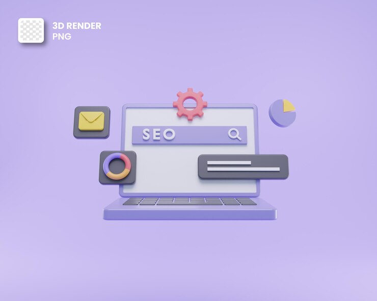 PSD optimización de motor de búsqueda 3d seo para analista web y clasificación web sobre fondo morado
