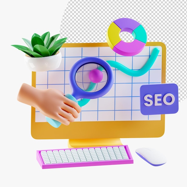 PSD optimización seo 3d con mano que sostiene análisis web de aumento y marketing seo concepto de redes sociales interfaz seo para estrategia de sitio web y planificación de investigación tráfico de motor de búsqueda renderizado 3d