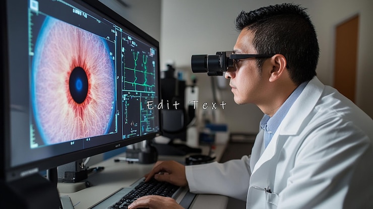 PSD el optometrista examina el escáner del iris en la computadora