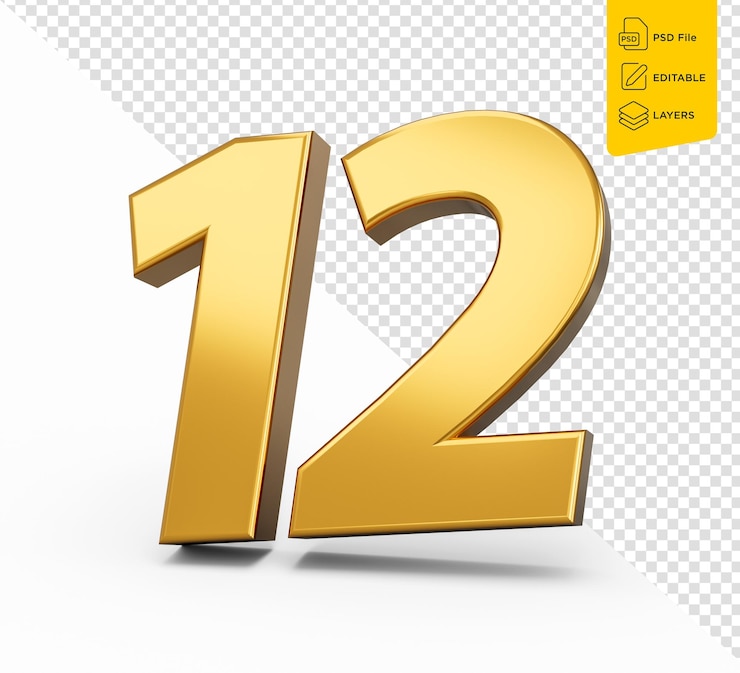 PSD or numéro 12 douze fond isolé brillant 3d numéro 12 en or 3d illustration