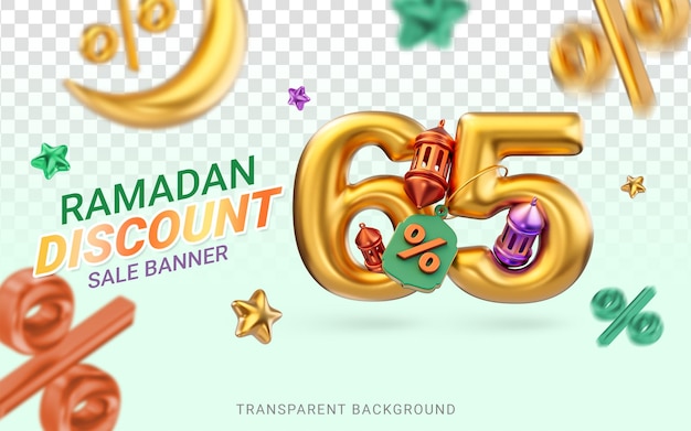 Or Réaliste 65 Pour Cent De Réduction Ramadan Et Eid Super Vente Offre Conception De Modèle De Bannière Rendu 3d