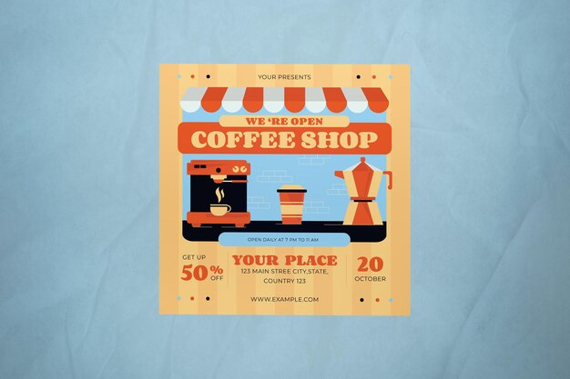 PSD orange flat design coffee shop post nas redes sociais