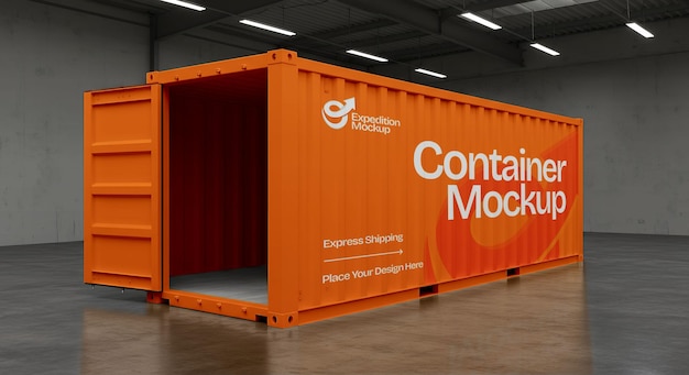 Orange-Frachtcontainer-Mockup in der Speicherumgebung Express-Versand-Design-Vorlage