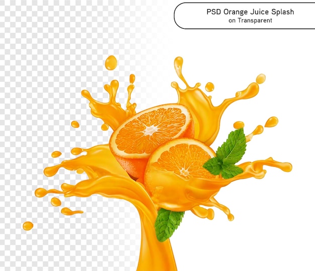 Orange-Früchte mit orangefarbenen Spritzern mit Saft 3D-Illusion auf png-transparentem Hintergrund
