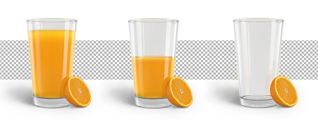 PSD orange juice variationen volles halbvolles leeres glas auf durchsichtigem hintergrund orange juice design