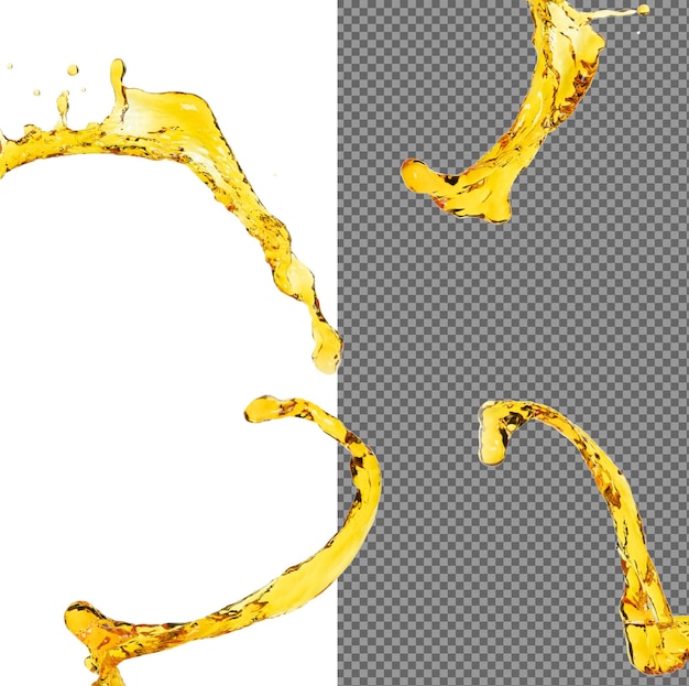 Orange lemon juice or oil lubricant splash liquid gold yellow drink drops Fruit beverage water elements in line form Fresh splashing and flowing jets white background isolated freeze motion