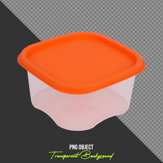 Orange lidded transparent plastic food container isolated on transparent background