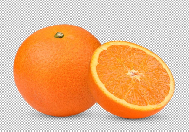 Orange mit der Hälfte der Orange isoliert auf weißem Hintergrund mit Beschneidungspfad