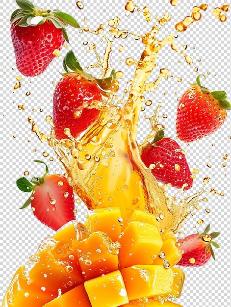 Orange splash mit mango und erdbeere auf weiß