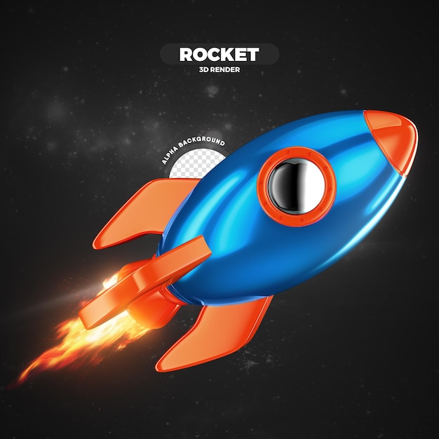 Orange und blaue weltraumrakete, die 3d-render isoliert fliegt