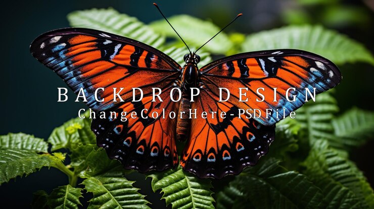 PSD orange und blauer schmetterling auf grünem laub