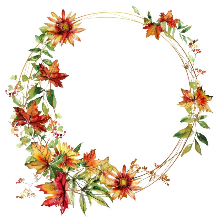 PSD orangenblumen und herbstblätterkränze auf weißem hintergrund aig56