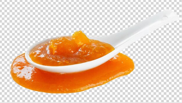 PSD orangenmarmelade in einem löffel auf durchsichtigem hintergrund isoliert