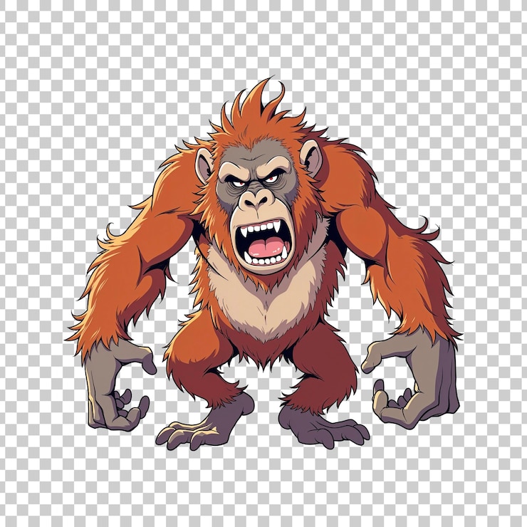 PSD orangutan animato arrabbiato che ruggisce su uno sfondo trasparente