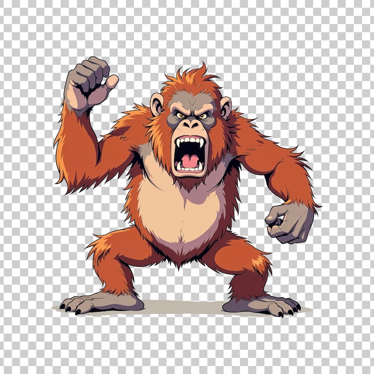 PSD orangutan de desenho animado zangado com o punho levantado em fundo transparente