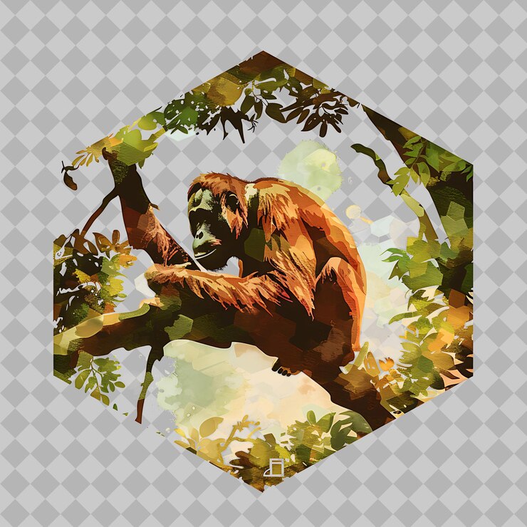 PSD orangután dentro de una silueta de bosque hexagonal adornado con diseños de animales de acuarela de png
