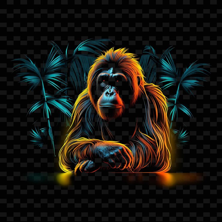 PSD orangután maravilla de la selva tropical zigzag líneas de neón cocoteros png formas y2k artes de luz transparentes