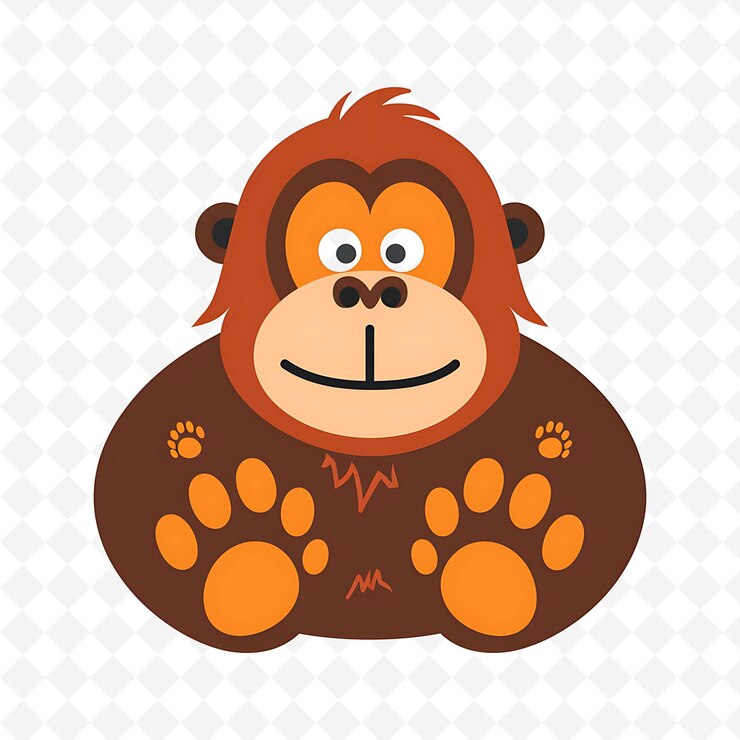 PSD orangután sonriente con formas impresas por las patas colocadas al azar ilustración plana de la tierra carácter lindo
