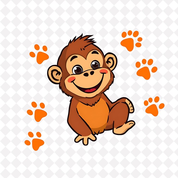 PSD orangután sonriente con formas de impresiones de patas colocadas al azar de color marrón terráneo y diseño de animales lindos