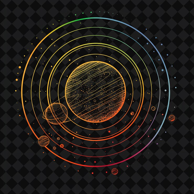 PSD orbiting neon sistema solar interior dentro de una silueta concent png y2k diseños espaciales de neón