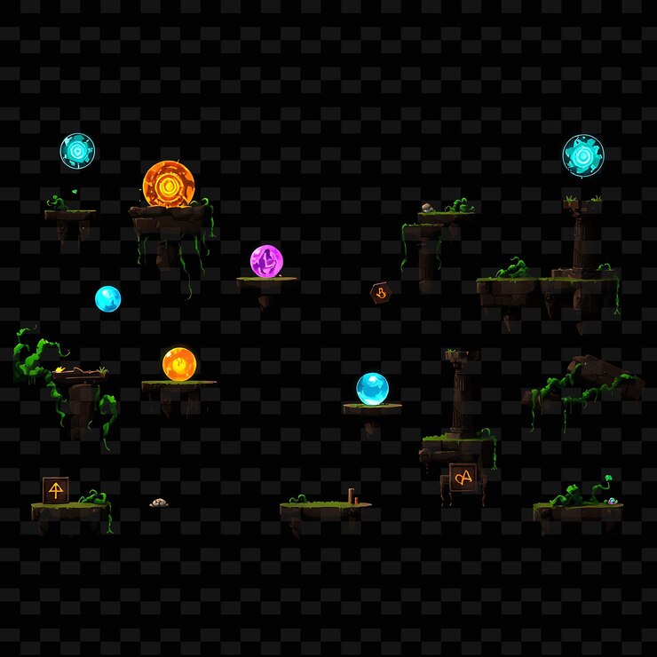 PSD órboles espectrales de píxeles pilares rotos viñas rastreras símbolos brillantes órbols espectrales flotan activos del juego