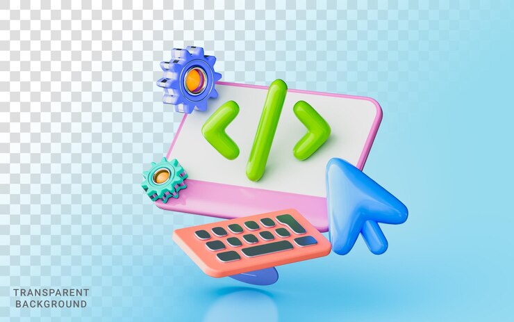 PSD ordinateur de bureau moniteur équipement codage souris curseur clavier 3d illustration paramètre développement site web