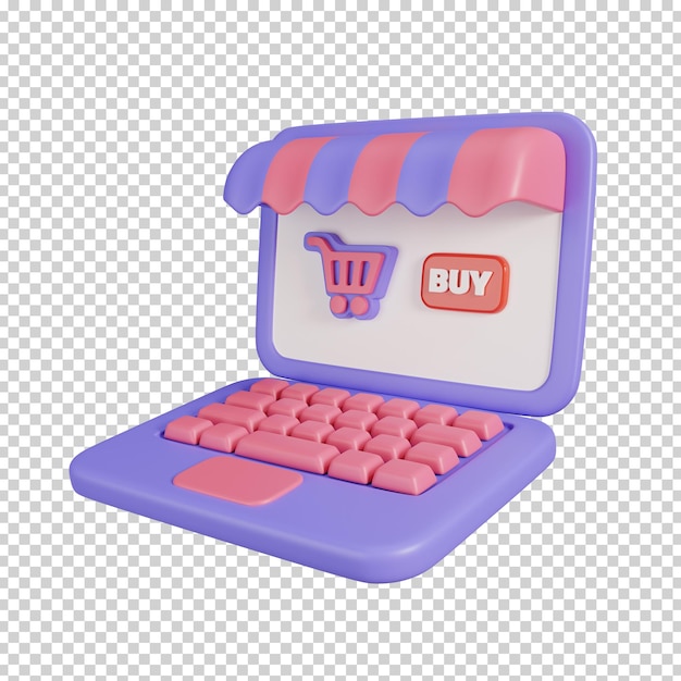 Ordinateur portable avec clic sur le bouton Acheter et le symbole du panier isolé Icône d'achat en ligne 3D