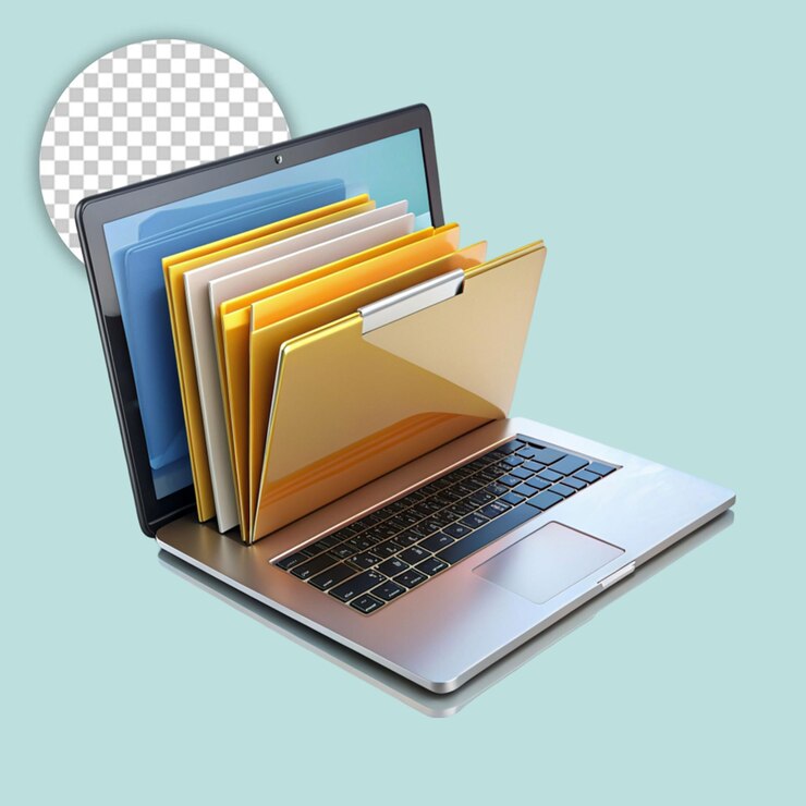 PSD ordinateur portable avec dossier génératif sur fond transparent
