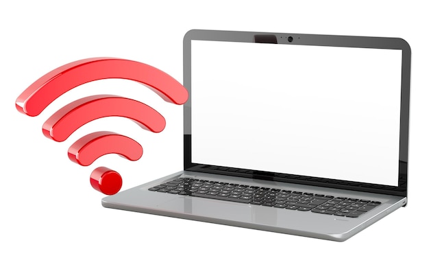 Ordinateur portable avec écran transparent et symbole WiFi rendu 3D isolé sur un fond transparent