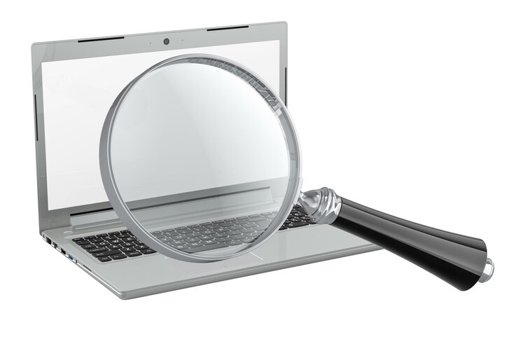 PSD ordinateur portable avec loupe de rendu 3d isolé sur un fond transparent