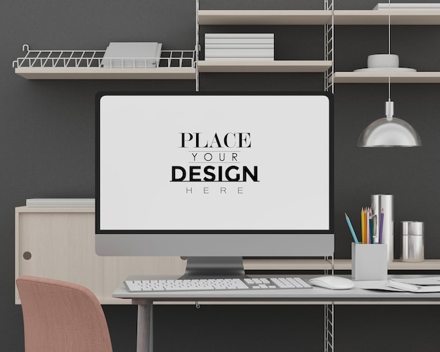 Ordinateur sur table dans l'espace de travail MOCKUP PSD