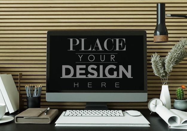 Ordinateur Sur Table Dans L'espace De Travail Mockup