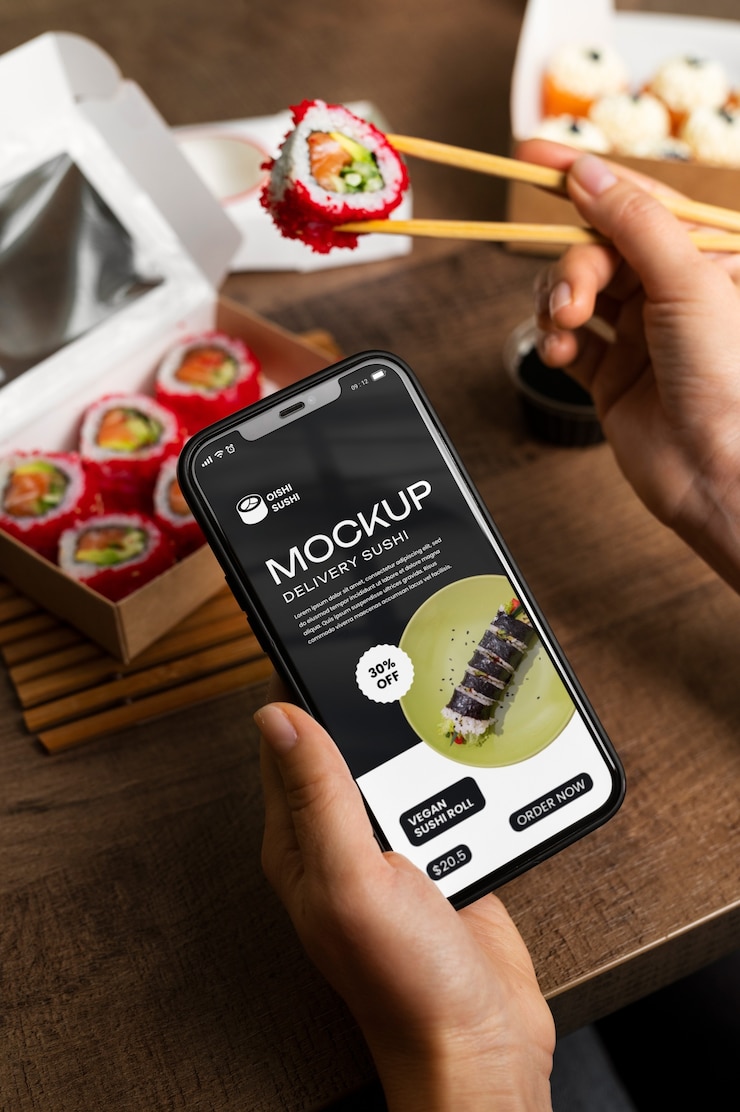 PSD ordine di sushi e mockup di smartphone
