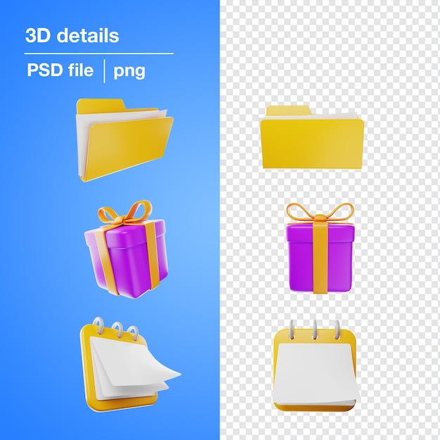 Ordner Geschenk und Kalender 3D-Illustrationen in 2 Ansichten für Social Media Marketing smm Poster png psd