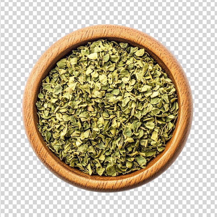 PSD oregano secco in una ciotola di legno isolato su uno sfondo trasparente