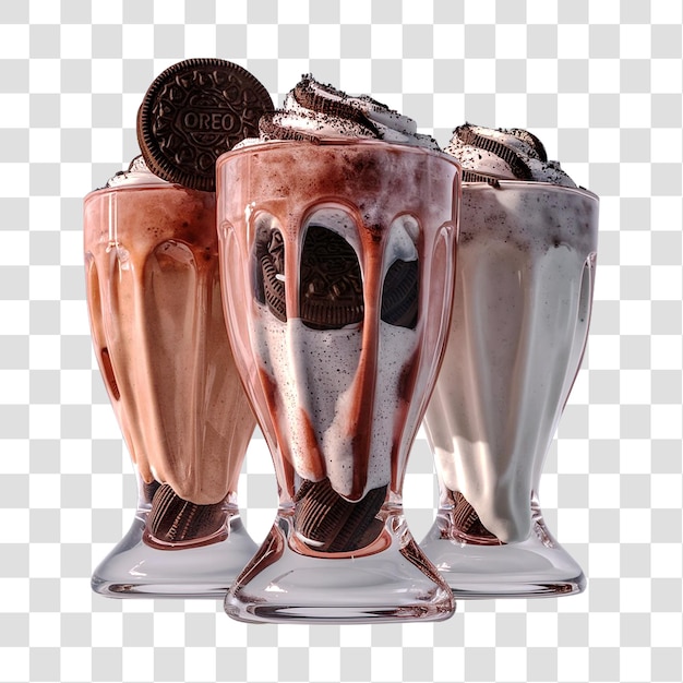 Oreo Shake en un vaso transparente con textura cremosa aislada sobre un fondo transparente