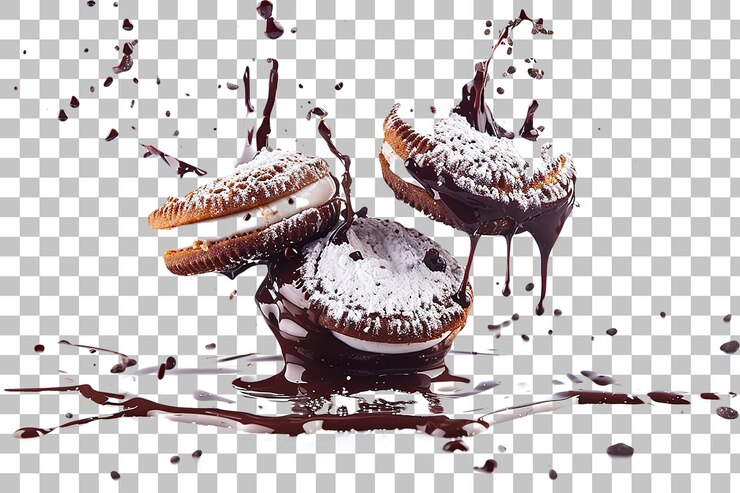 PSD oreos volando con chocolate frito y azúcar en polvo en un fondo transparente